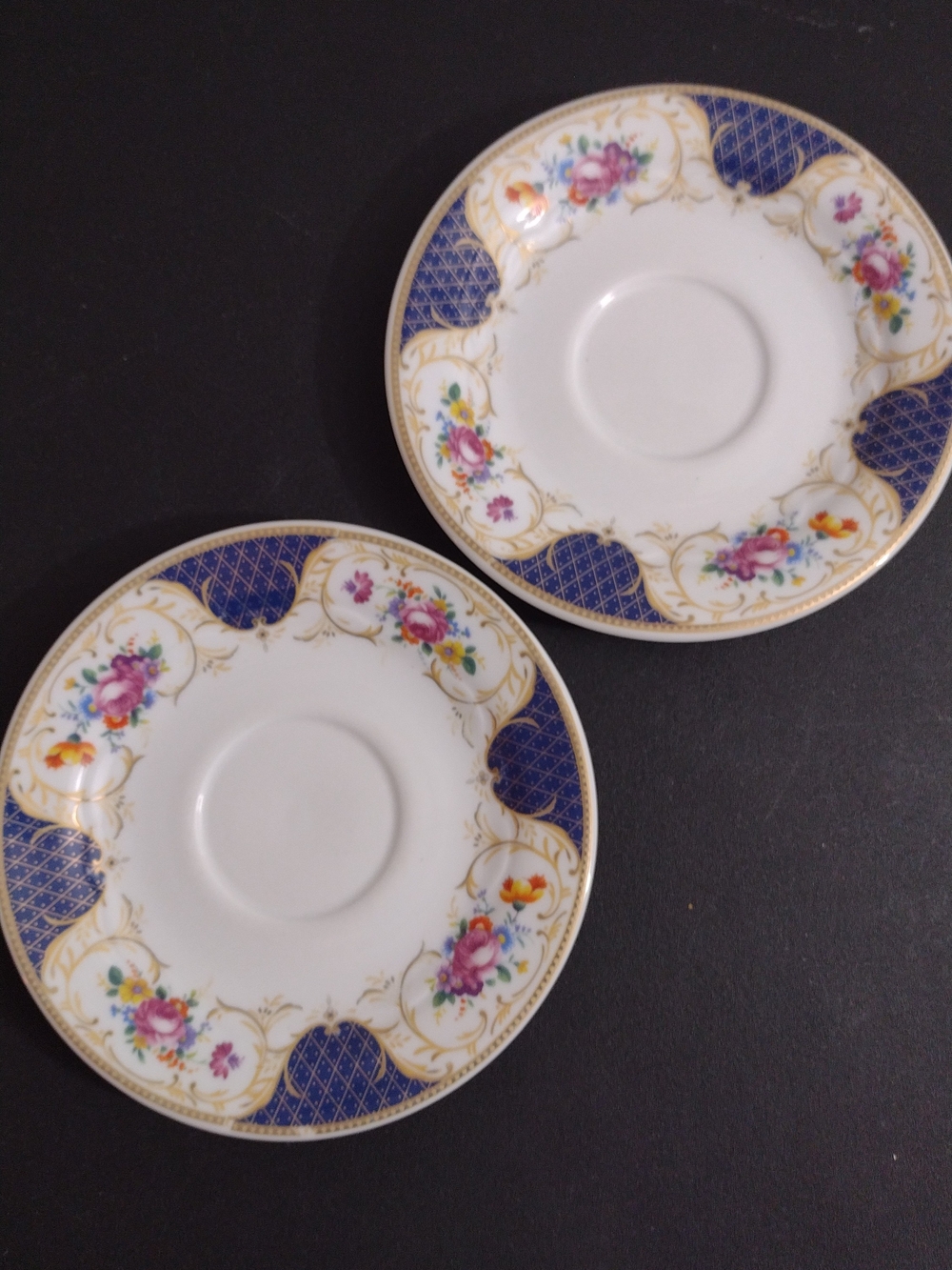 Elegant Blue and Gold Floral Porcelain Saucers